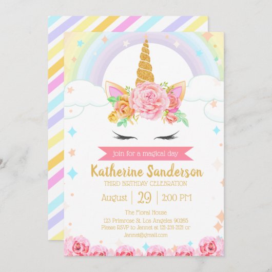 Magische Regenbogen Einhorn Gesicht Blumenmädchen Einladung (Vorne/Hinten)