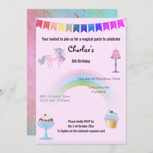 Magische Regenbogen-Einhorn-Süßigkeiten Geburtstag Einladung (Vorne/Hinten)