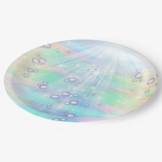 Magische Regenbogenblasen, Einhorndusche Pappteller (Schrägansicht)