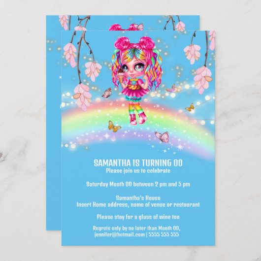 Magische Regenbogenmädchen Fantasie glänzende Lich Einladung (Vorne/Hinten)