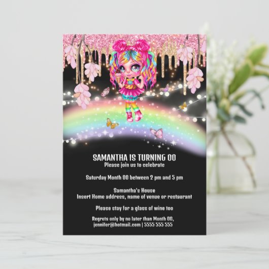 Magische Regenbogenmädchen Fantasy Glitzer Lichter Einladung (Stehend Vorderseite)