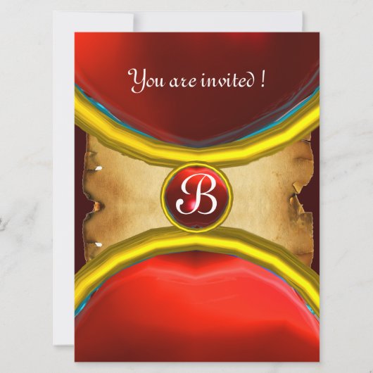MAGISCHE RINGE, MONOGRAMM Pergament Juwel rot Einladung (Vorderseite)