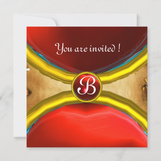 MAGISCHE RINGE, MONOGRAMM Pergament Juwel rot Einladung (Vorderseite)