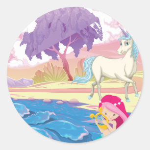 Magische Riverbank mit Fairies Unicorn und Meerjun Runder Aufkleber