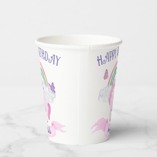 Magische Rosa Einhorn Regenbogenbutterfliegen Gebu Pappbecher (Rechts)