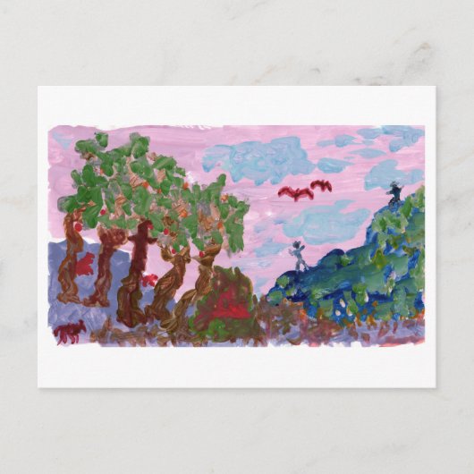 Magische rosa Landschaft mit Figuren Postkarte (Vorderseite)