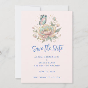 Magische Rose und Schmetterling Pastellfarben Hoch Save The Date
