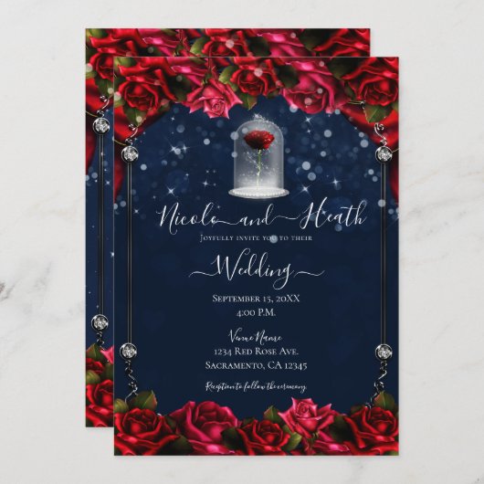Magische Rote Rose White Gold Silver Blue Wedding Einladung (Vorne/Hinten)