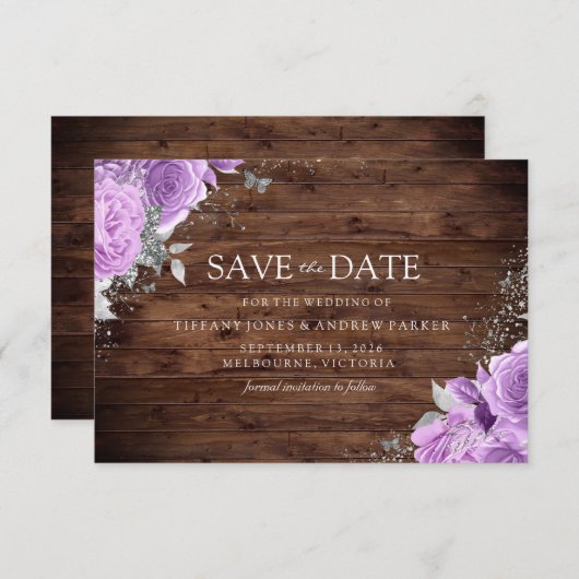 Magische Rustikale Lila Lavendel Rose Blumenzehen Save The Date (Vorne/Hinten)