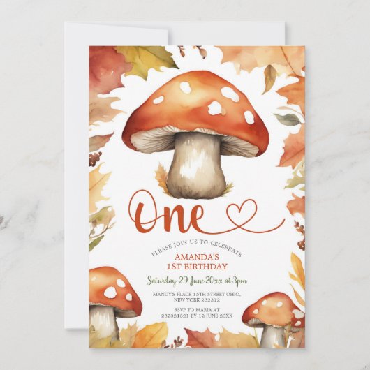Magische rustikale Pilze Niedliches Kind 1. Geburt Einladung (Vorderseite)