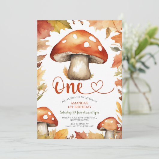 Magische rustikale Pilze Niedliches Kind 1. Geburt Einladung (Stehend Vorderseite)