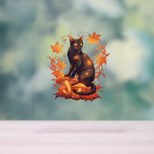 Magische Schwarze Katze im Herbstwald - Fallen Acrylschild (Neutral)