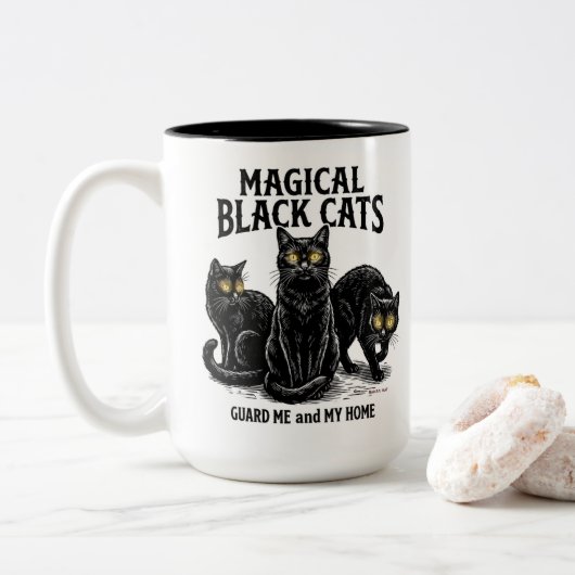 Magische schwarze Katzen Zweifarbige Tasse (Mit Donut)