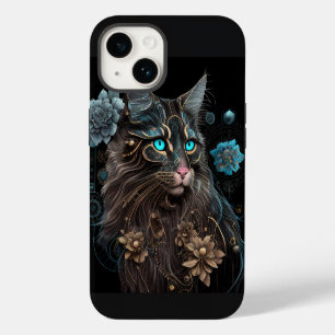 Magische Steampunk-Maine-Coon-Katze und Blumen AI- iPhone 14 Hülle