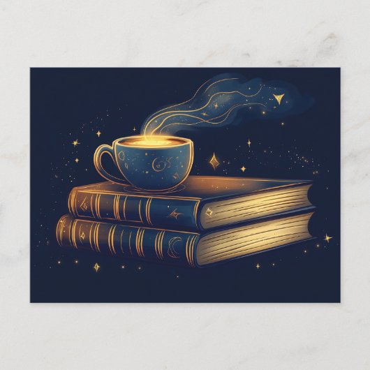 Magische Sterne und Kaffee mit Büchern Postkarte (Vorderseite)