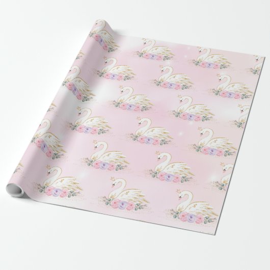 Magische Swan-Prinzessin| Rosa und violette Blumen Geschenkpapier (Ungerollt)