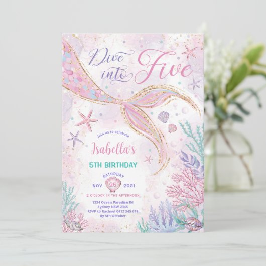 Magische Tauchen in Fünf Meerjungfrau 5. Geburtsta Einladung (Stehend Vorderseite)