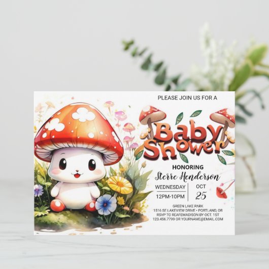 Magische Toadstool Trail Babydusche Einladung (Stehend Vorderseite)