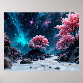 Magische Traumlandschaft mit leuchtend rosa Bäumen Poster