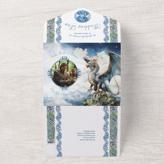 Magische Türkis und Blaue keltische Drachenfantasi All In One Einladung (Außenbereich)