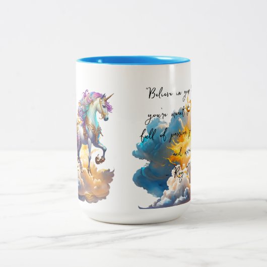 Magische Unicorn Fantasiewolken romantisieren Gebu Zweifarbige Tasse (Mittel)