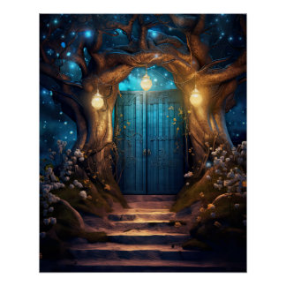 Magische verzauberte Fantasy Forest Old Blue Door Poster