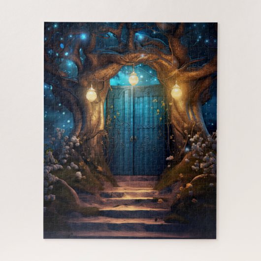 Magische verzauberte Fantasy Forest Old Blue Door Puzzle (Vertikal)