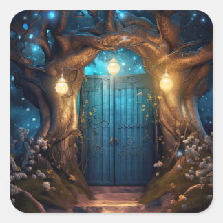 Magische verzauberte Forest Fantasy Antique Door Quadratischer Aufkleber