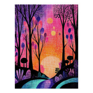 Magische Waldlandschaft in Pink und Violett Poster