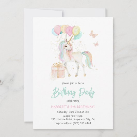 Magische Wasserfarbe Einhorn jedes Alters Geburtst Einladung (Vorderseite)