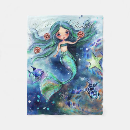 Magische Wasserfarbe Meerjungfrau Personalisierte Fleecedecke (Vorderseite)