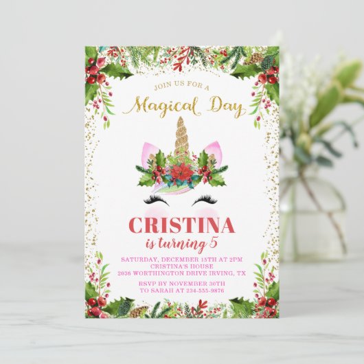 Magische Weihnachten Holly Berries Einicorn Geburt Einladung (Stehend Vorderseite)