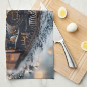 Magische Weihnachtsbahn-Szene mit Teddy Bear Geschirrtuch (Viertel Falte)