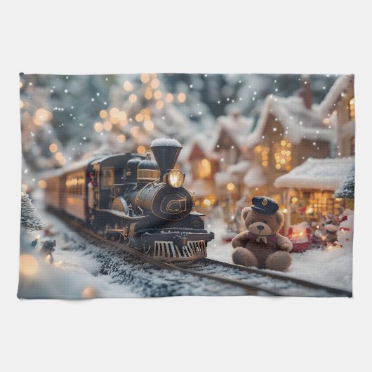 Magische Weihnachtsbahn-Szene mit Teddy Bear Geschirrtuch (Horizontal)