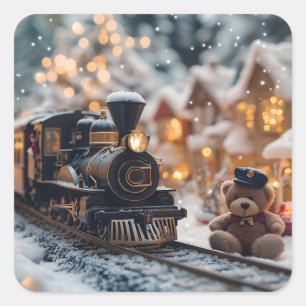 Magische Weihnachtsbahn-Szene mit Teddy Bear Quadratischer Aufkleber