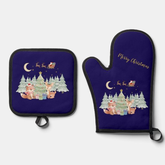 Magische Weihnachtsnacht im Winterwald Ofenhandschuh & Topflappen-Set (Vorderseite)