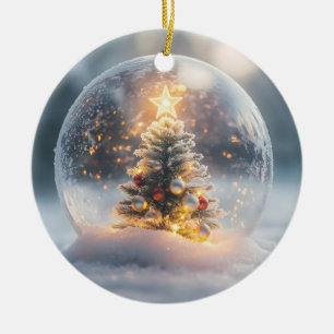 Magische Weihnachtsschneeglobe mit leuchtendem Bau Keramik Ornament