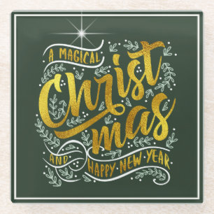 Magische Weihnachtstypografie Gold ID441 Glasuntersetzer