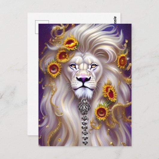 Magische weiße Löwe und Sonnenblumen Grafik Postkarte (Vorne/Hinten)