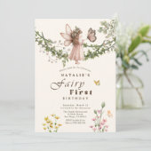 Magische Wildblume Butterfly Fairy erster Geburtst Einladung (Stehend Vorderseite)