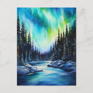Magische Winterlandschaft mit Nordlichtern Postkarte