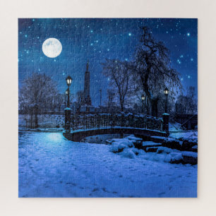 Magische Winternacht mit Sternenhimmel und Vollmon Puzzle