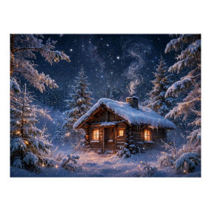 Magische Winternachts-Hütte im Wald Poster