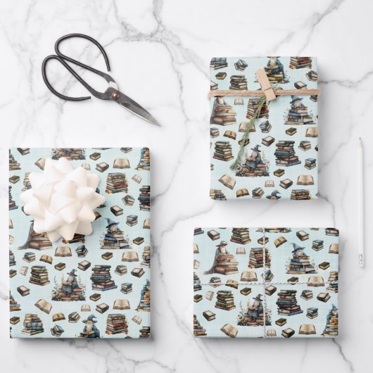 Magische Zauberer & Bücher auf Hellgrün Geschenkpapier Set (Vorderseite)