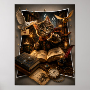 Magische Zauberkatze 3D Pop-Out Fantasy-Wandkunst Poster