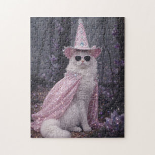 Magische Zauberkatze in funkelndem rosa Umhang und Puzzle