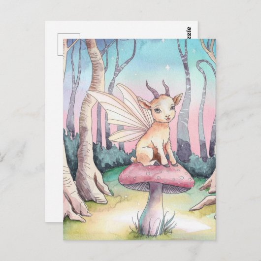 Magische Ziege sitzt auf einem Pilz im Wald Postkarte (Vorne/Hinten)
