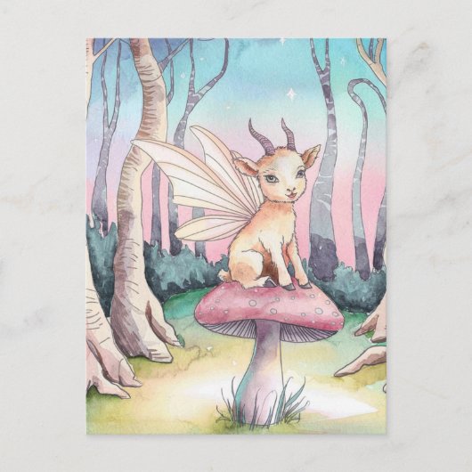 Magische Ziege sitzt auf einem Pilz im Wald Postkarte (Vorderseite)