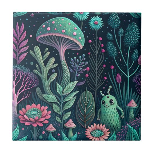 Magischer Alien-Pilz-Neonwald-Sci-Fi-Pattern Fliese (Vorderseite)