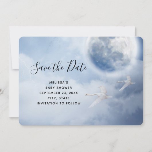 Magischer blauer Himmel mit flatternden Schwänen Save The Date (Vorderseite)